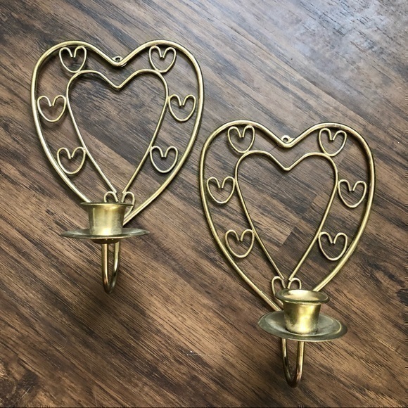 Vintage / Antique Cottagecore Heart Shaped Brass Candle Holder Sconces Decor Set - Picture 3 of 11